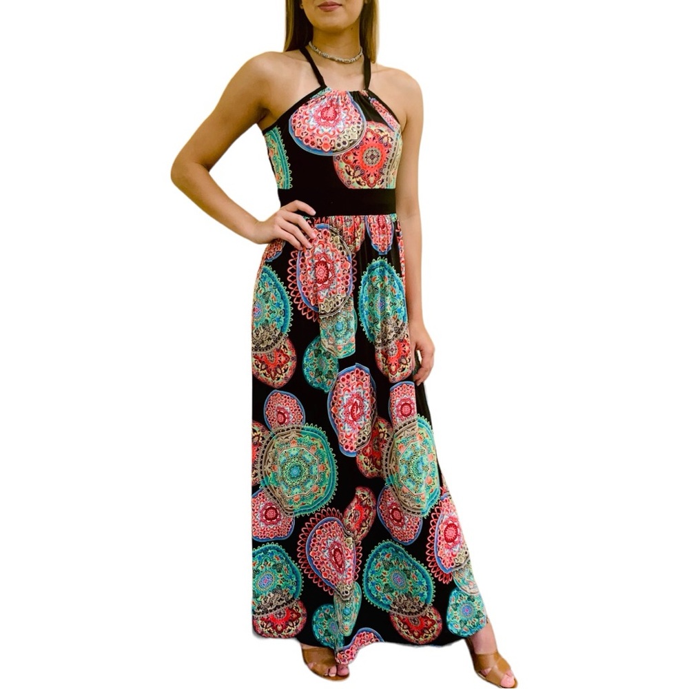 Tua Medallion Print Boho Resorteear Vacation Halter Maxi Dress (Small 2-4 )